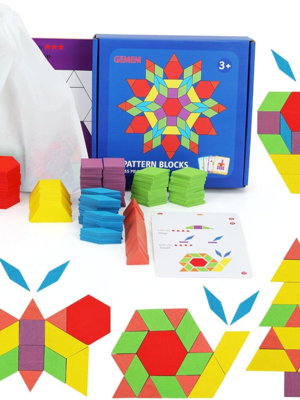 155 Pcs Wooden Pattern Blocks Set Geometric Shape Puzzle Kindergarten Classic Ed